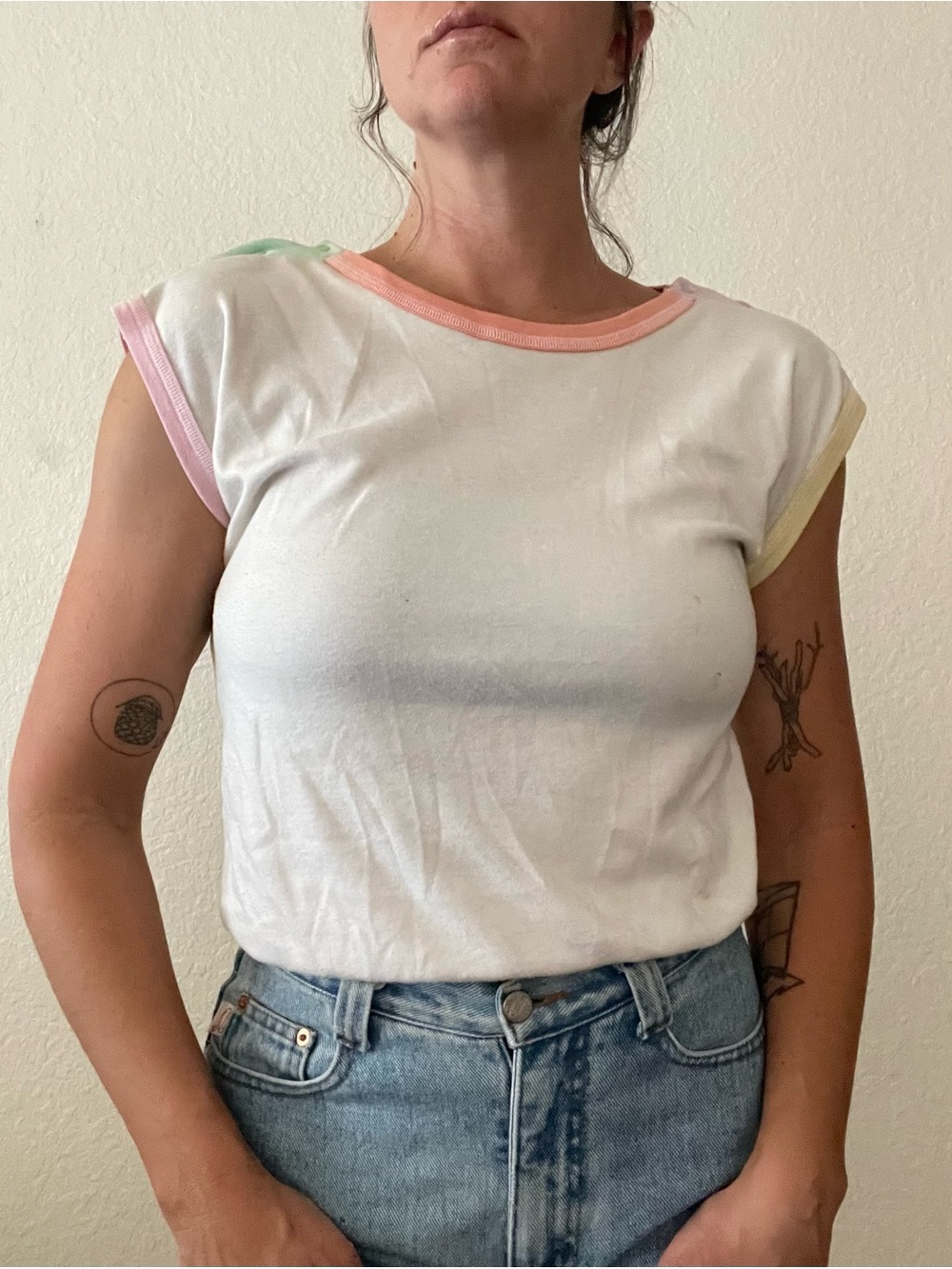 Classic White Cap-Sleeve Tee with Pastel Trim